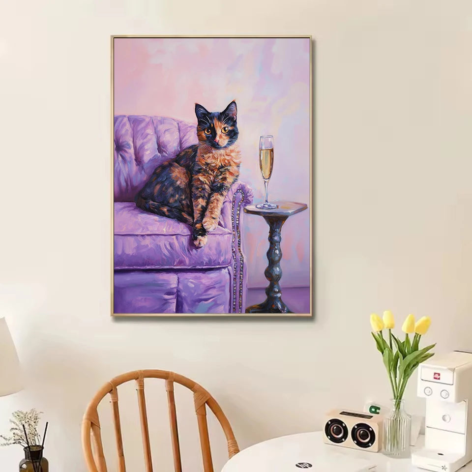 Trendy Cute Quirky Calico Cat with Martini Champagne Cocktail on The Sofa Poster Canvas Painting Wall Art Pictures Home Decor Peaceful Pleasures Health and Wellness