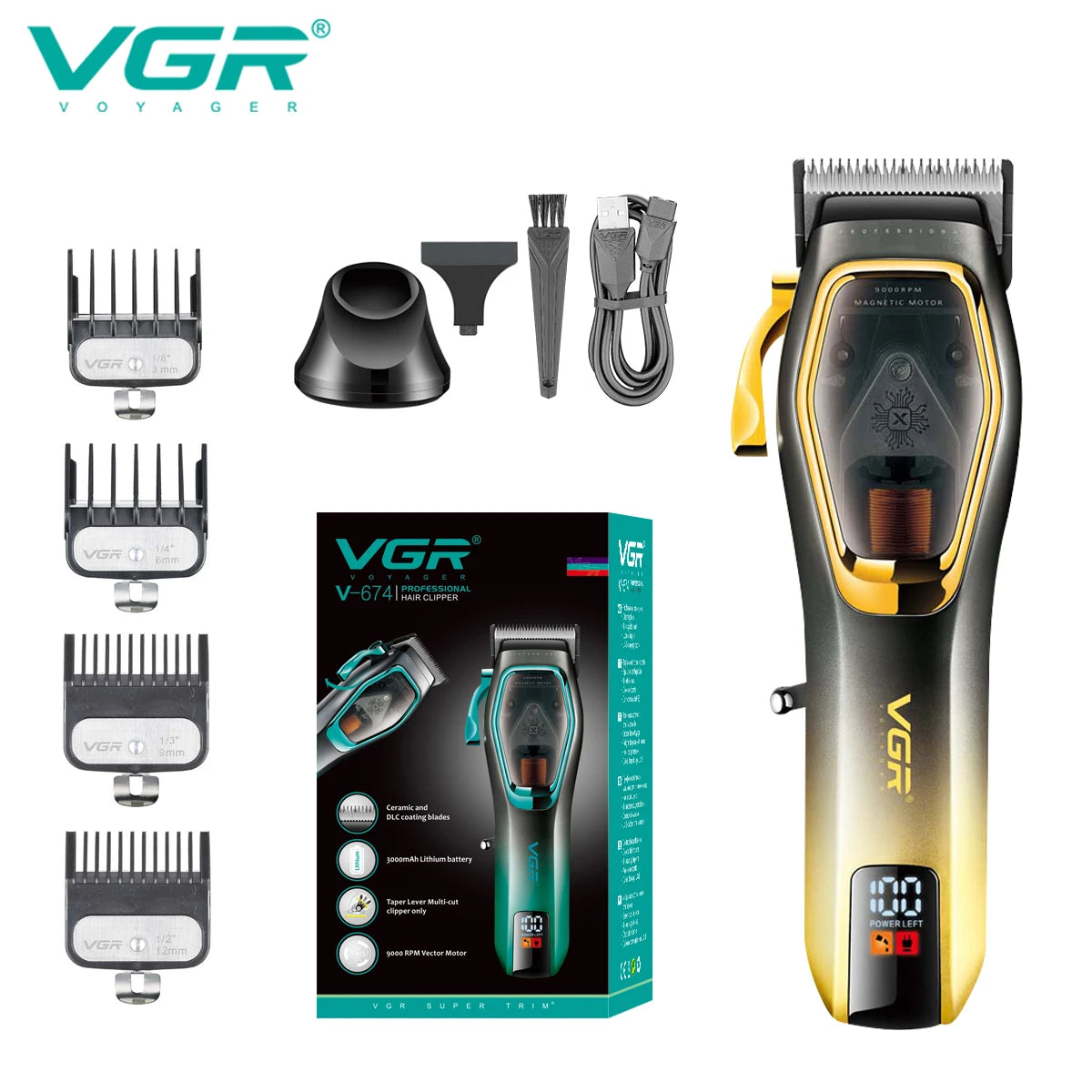 VGR Hair Clipper Professional Hair Trimmer 9000 RPM Hair Cutting Machine Adjustable Barber Haircut LED Trimmer for Men V-674 Peaceful Pleasures Health and Wellness 674 yello