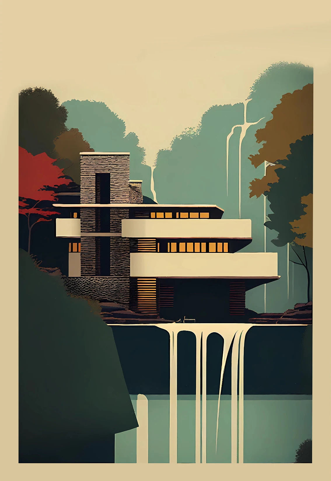 Fallingwater Bauhaus Architecture Abstract Canvas Wall Art Print