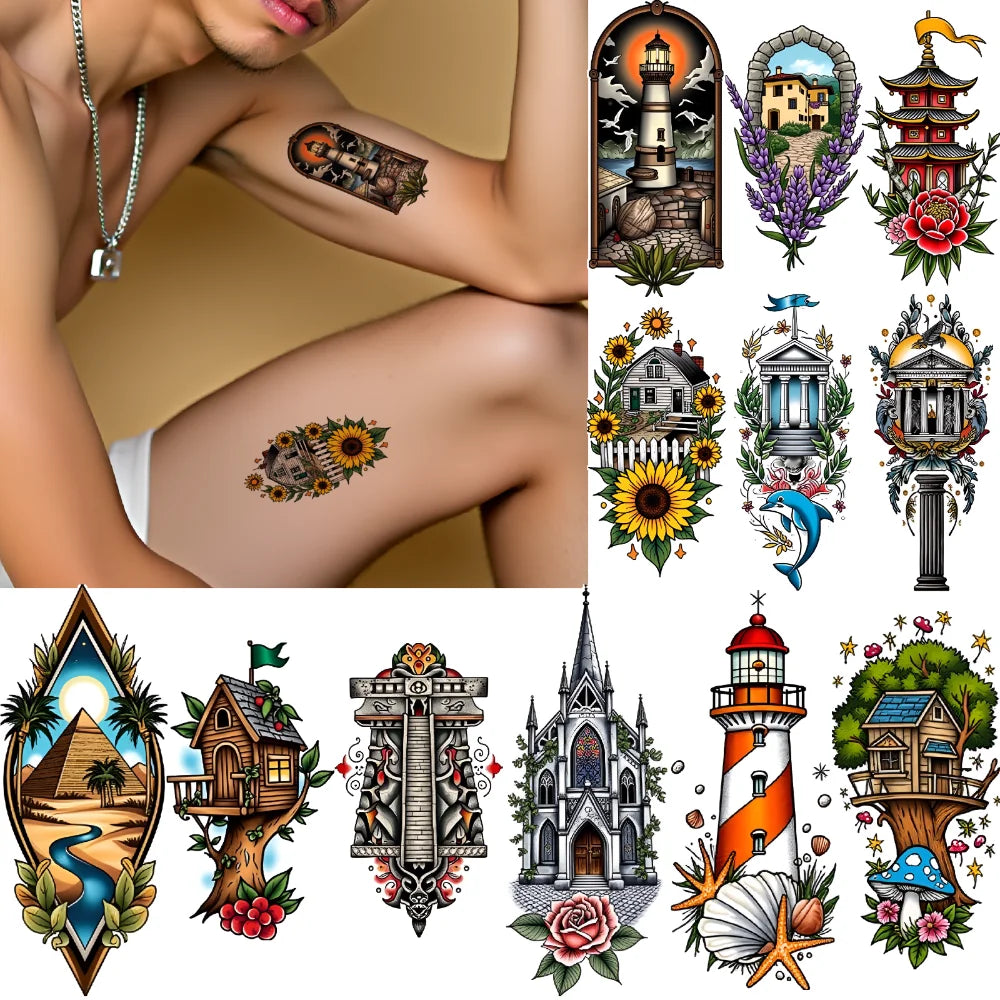 9-Pack Temporary Tattoo Stickers – Lighthouse, Flowers & Church
