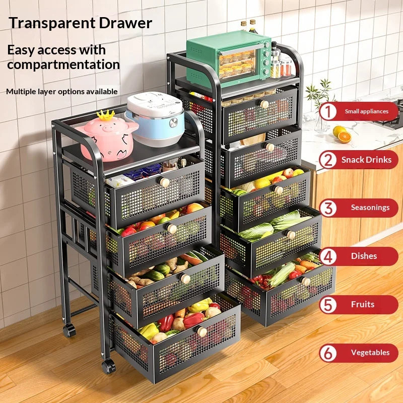 Space Saving Heavy Duty Multi Layer Rolling Fruit Vegetable Basket Storage Cart for Kitchen Floor Standing Organizer Peaceful Pleasures Health and Wellness