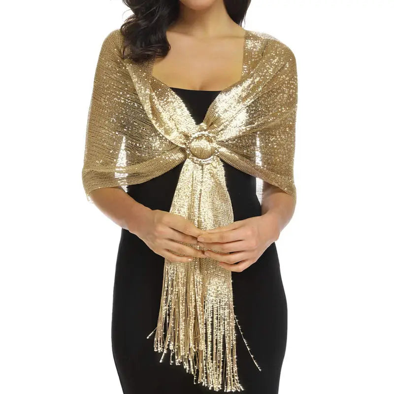 Ladies' Decorative Shawl Gold And Silver Silk Beach Play Tassel Scarf With Buckle Dinner Party Dance Party Wedding Attire Peaceful Pleasures Health and Wellness golden