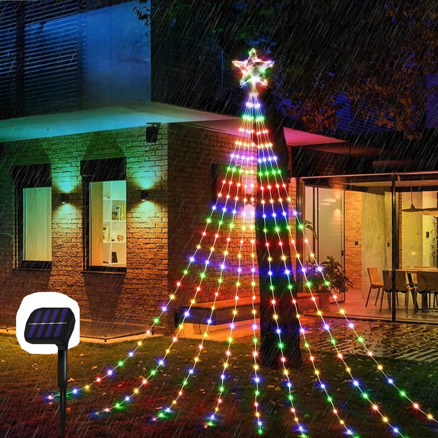 Solar Star Waterfall Fairy Lights 250 LED IP67 Outdoor & Xmas