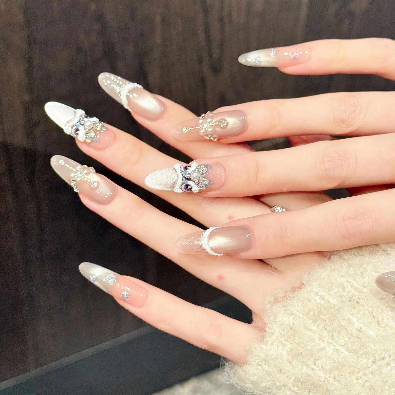 3D Lion Pearl Press On Nails | Cat's Eye Almond False Nails Press On Nail Set Peaceful Pleasures Health and Wellness