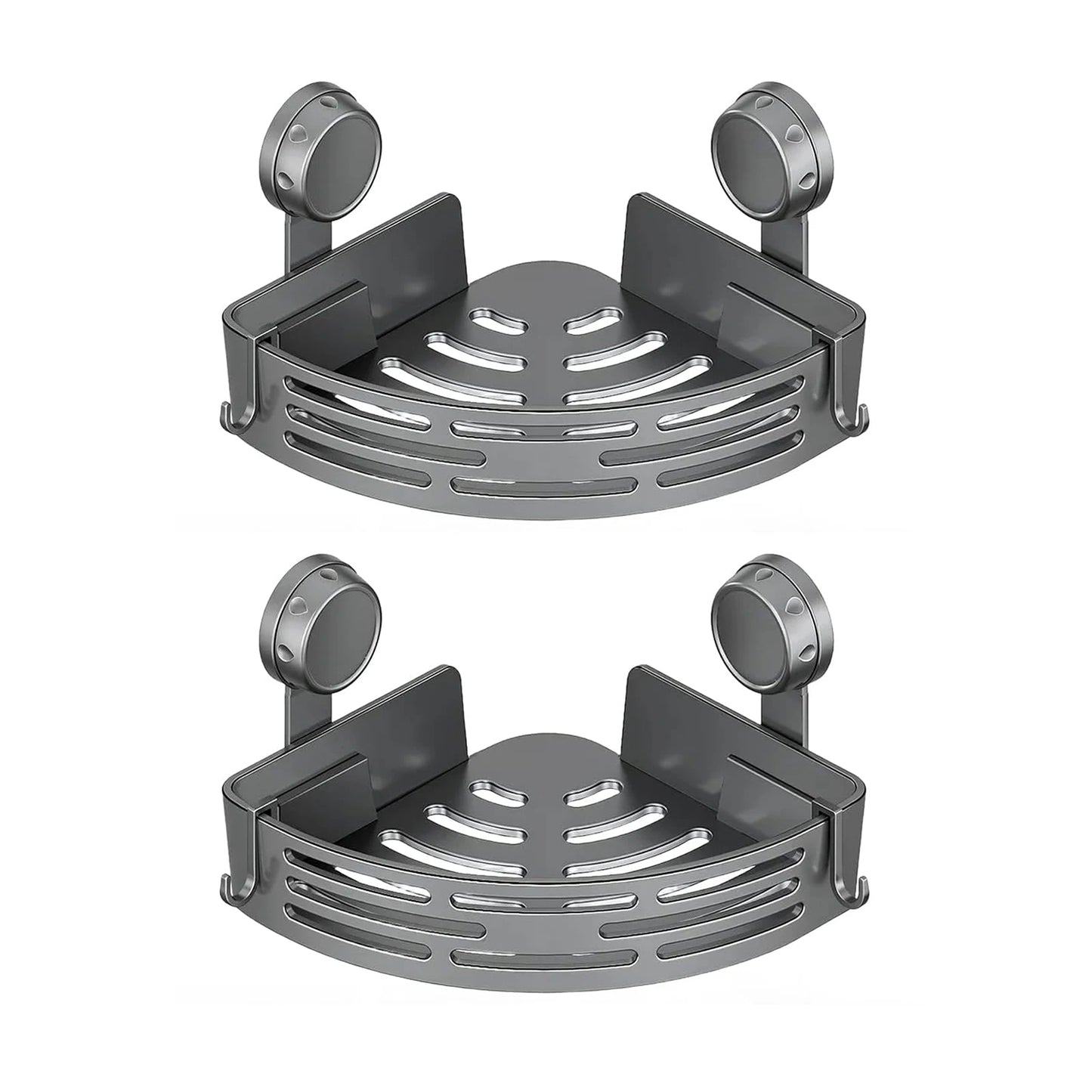 Corner Suction Cup Shower Caddy with Hooks No Drilling Removable Bathroom and Kitchen Storage Organizer for Bathrooms Storage Peaceful Pleasures Health and Wellness Gray Bouble-layer