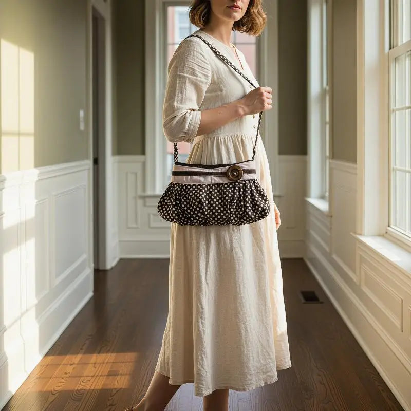 Retro Polka Dot Pleated Cloud Shoulder Bag | Wooden Button