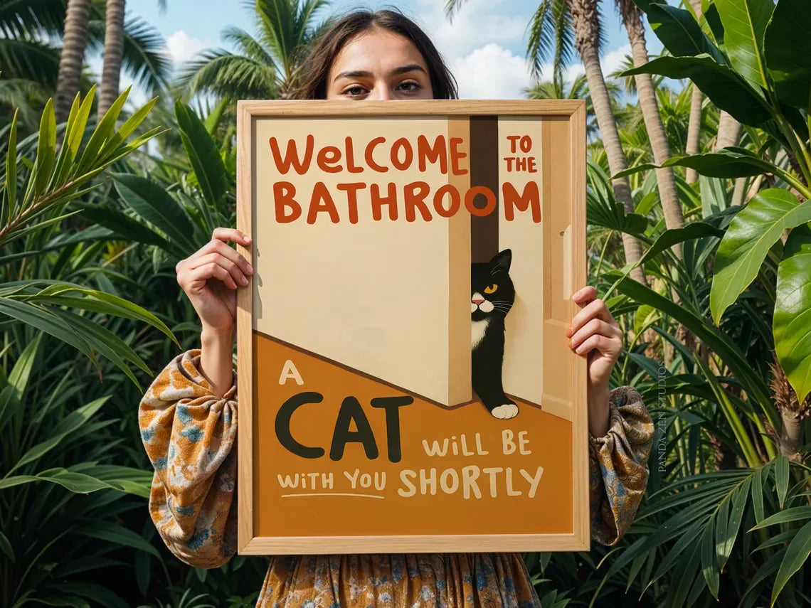 Funny Cat Bathroom Canvas Wall Art Print – Cat Lover Gift Canvas Wall Art Print Peaceful Pleasures Health and Wellness TR12276-3 50x70cm Unframed