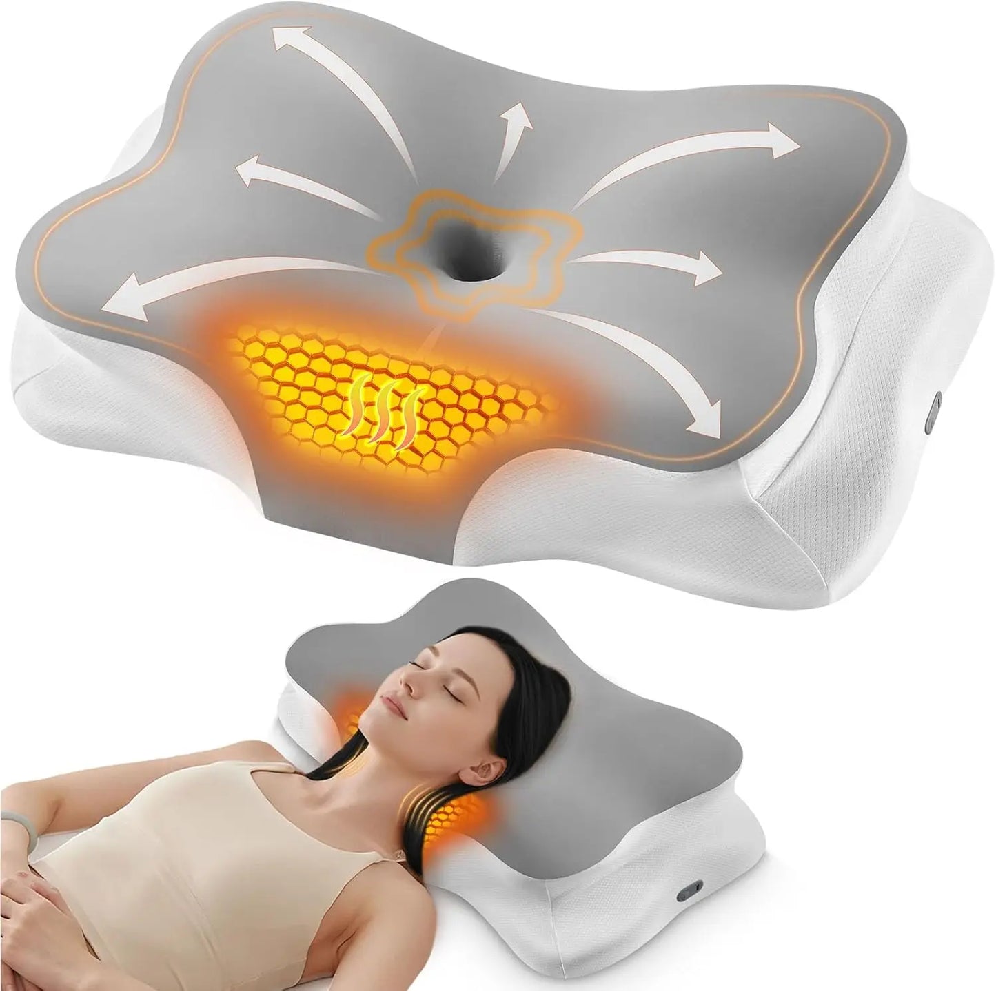 Massage pillow with honeycomb design and woman using it on a white background