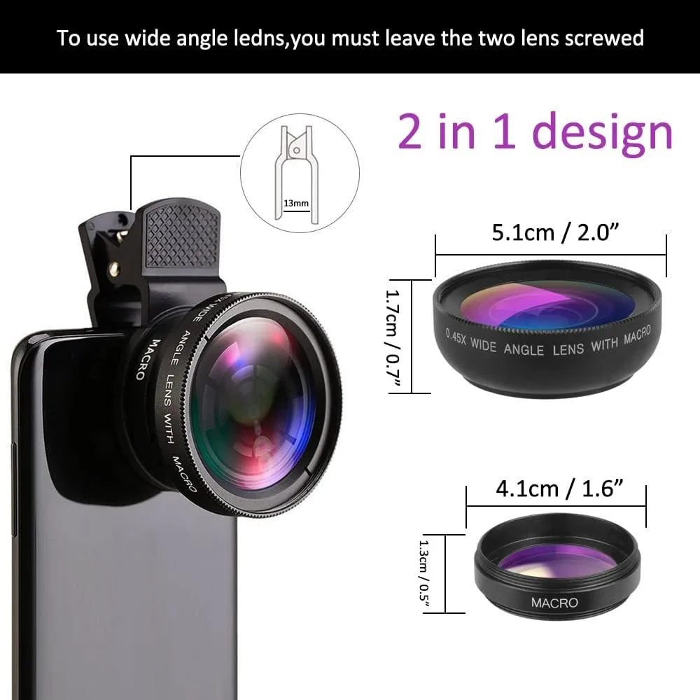 2 IN 1 Lens Universal Clip 37mm Mobile Phone Lens Professional 0.45X 49uv Super Wide-Angle + Macro HD Lens For iPhone Android Peaceful Pleasures Health and Wellness