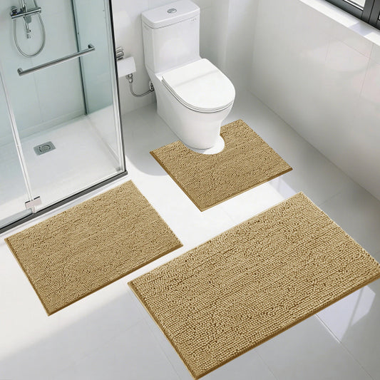 Set of 3 Bathroom Rugs 1.5/3CM Thick Chenille Bath Mat Striped Pattern Shaggy Bath Rugs for Bath Room Non Skid Floor Mats Peaceful Pleasures Health and Wellness