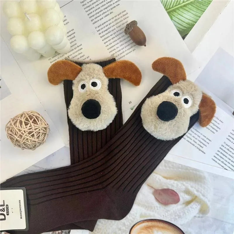 Personalized Fashion Socks 3D Cartoon Big Ears Dog Socks Plush Cloth Doll Socks Spring and Autumn Sweet Breathable Middle Socks Peaceful Pleasures Health and Wellness 1 Pair 1 One Size