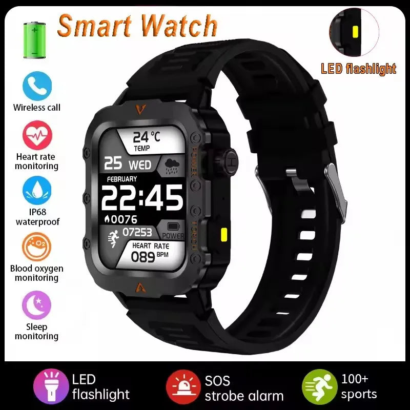 2026 New Smart Watch Men's Outdoor Watch 2.01Inch Voice Assistant Bluetooth Call with LED Flashlight IP68 Waterproof Smart Watch Peaceful Pleasures Health and Wellness Q11-Black