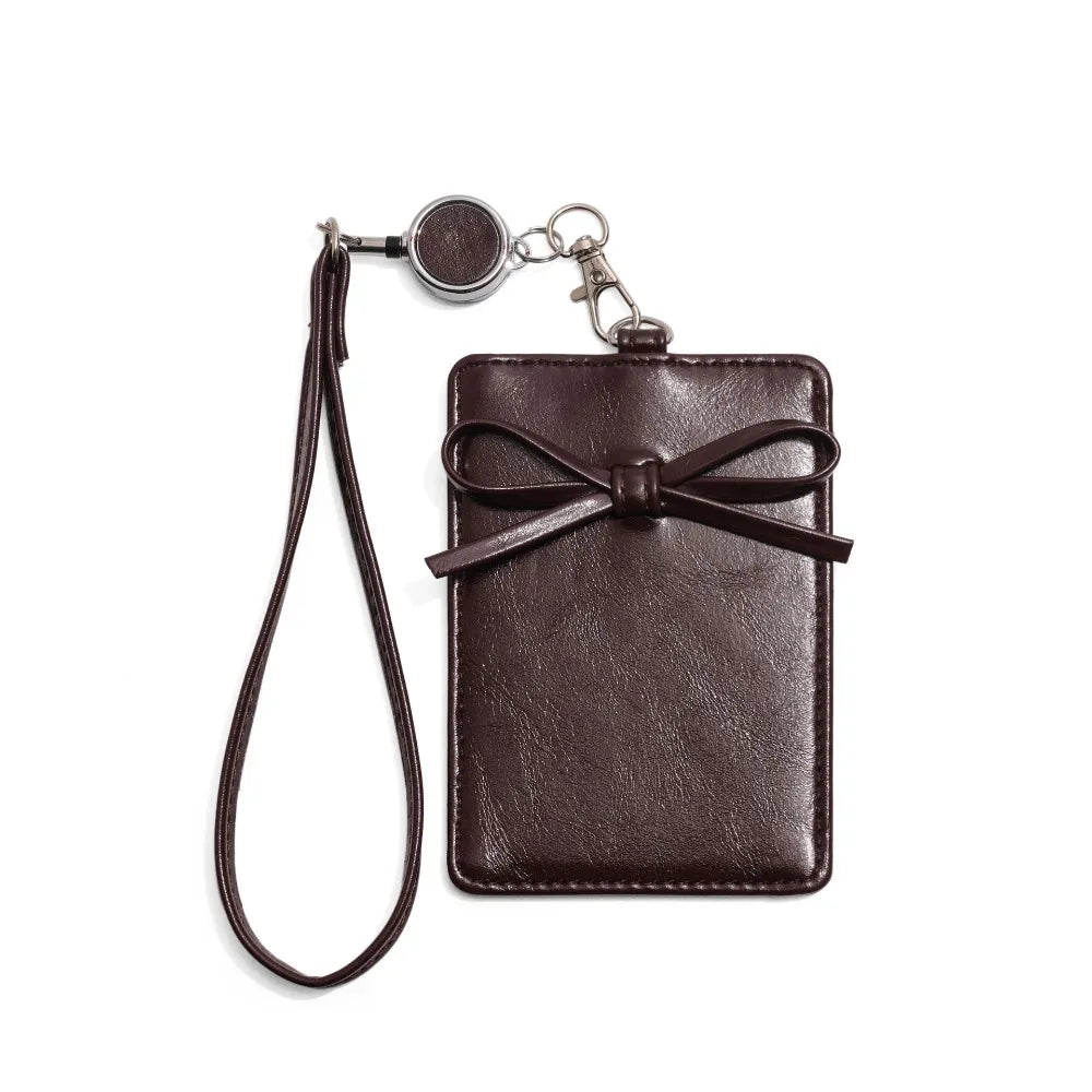 PU Leather Bow Leather Card Holder Bowknot Name Tag Work Card Cover Scalable Retractable Bus ID Holders Men Women Peaceful Pleasures Health and Wellness Coffee