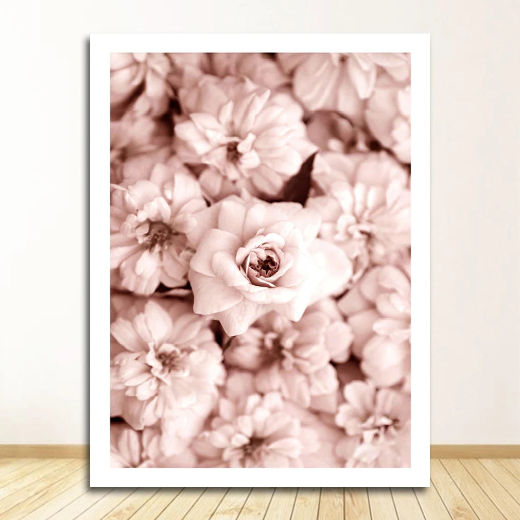 Pink Peony Floral Girl Footprints Canvas Wall Art Unframed
