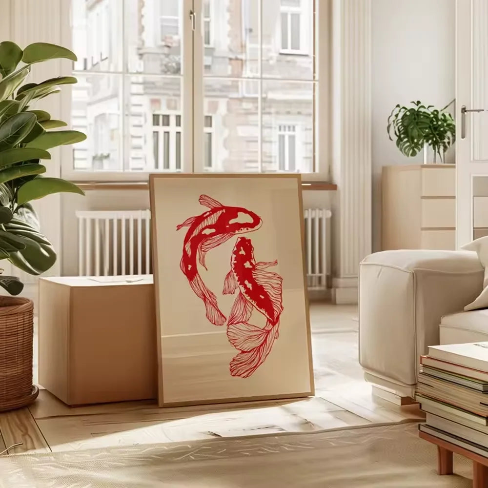 Vintage Red Koi Fish Canvas Wall Art Poster – Unframed