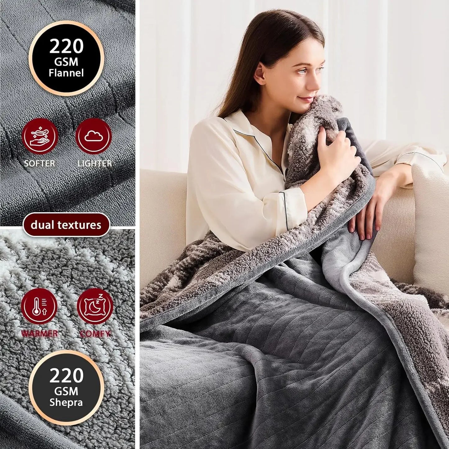 Queen Size Heated Electric Blanket - 84x90 Flannel with 10 Heat Levels, 5 Timers & Overheat Protection, ETL Certified (Grey) Peaceful Pleasures Health and Wellness