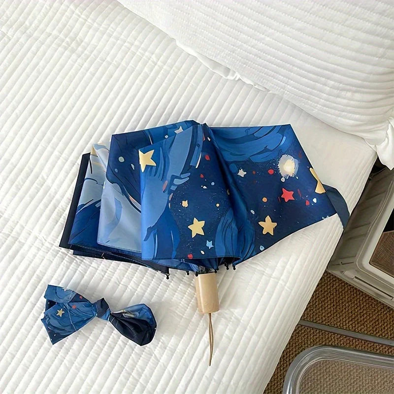 Blue Cartoon Cat Folding UV Umbrella – Sun & Rain Protection
