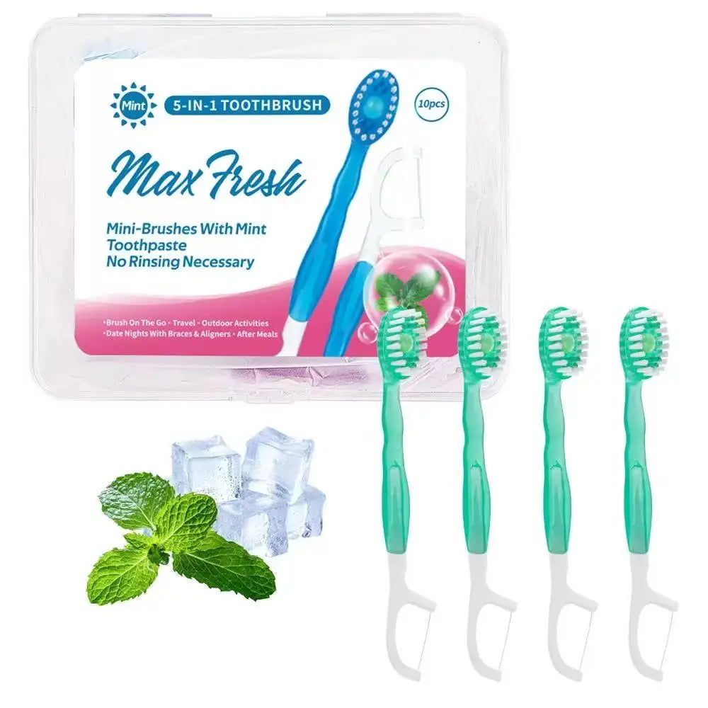 Independently packaged disposable bursting bead toothbrush, dental floss, toothpick, 3-in-1 soft bristled portable travel bag Peaceful Pleasures Health and Wellness green tea