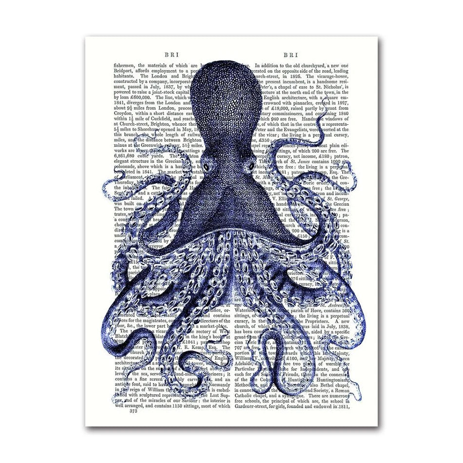 Poster Prints Nautical Coastal Wall Art Picture Antarctica Map Canvas Painting Home Wall Decor Kraken Octopus Tentacles Vintage Peaceful Pleasures Health and Wellness 2204-05 40x50cm Unframed