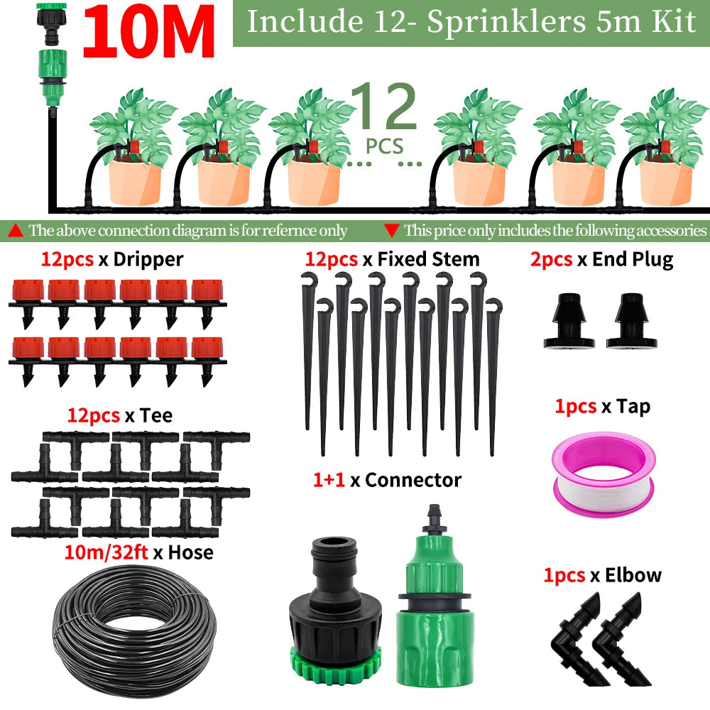 5-50M 1/ 4'' Greenhouse Garden Drip Irrigation Automatic Watering System Kit Nozzles for Bonsai Pot Plant Lawn Flower Vegetable Peaceful Pleasures Health and Wellness 10M