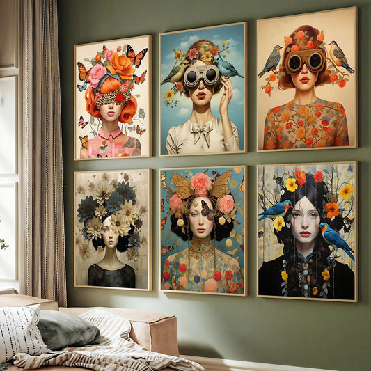 Nordic Scandinavian Style Glasses Woman with Flowers Birds Wall Art Canvas Painting Portrait Poster Prints for Modern Home Decor Peaceful Pleasures Health and Wellness