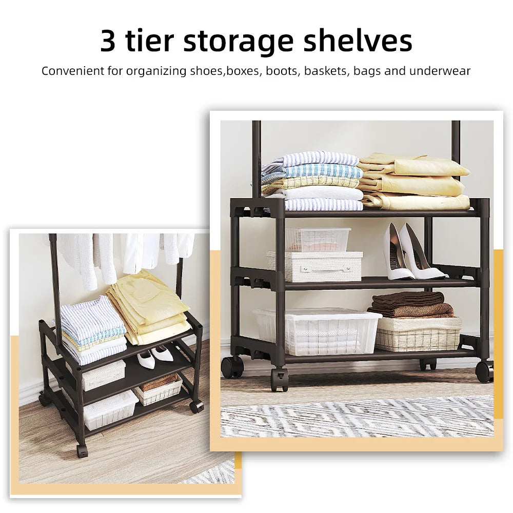 Rolling Clothes Rack with Shelves for Hanging Clothes Hats Bags with Shoe Storage, Portable Metal Garment Rack Clothing Rack Peaceful Pleasures Health and Wellness