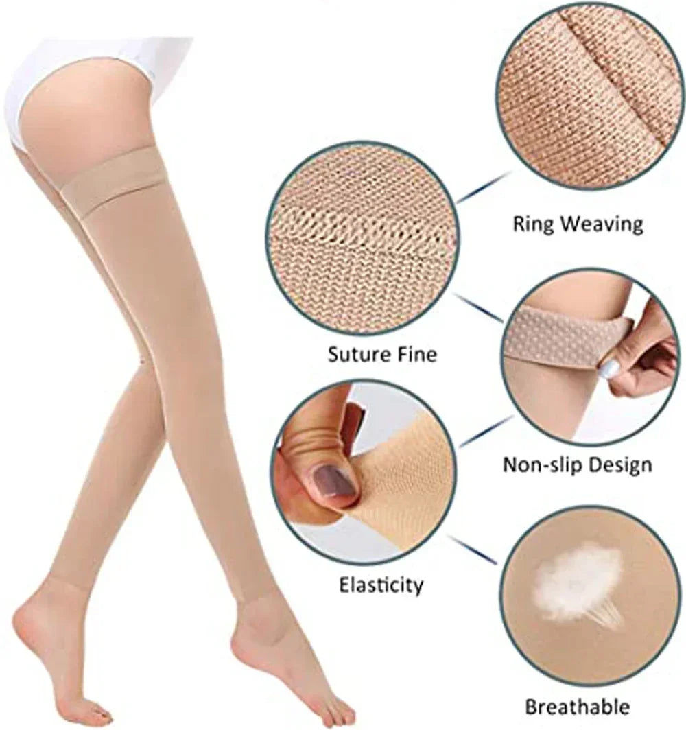 1Pair Thigh High Footless Compression Sleeves & Silicone Band for Women Men,Firm 20-30 mmHg Graduated Support for Varicose Veins Peaceful Pleasures Health and Wellness