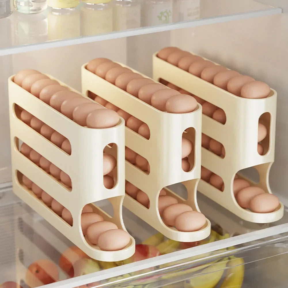 4-Layer Automatic Rolling Egg Holder Rack | Fridge Egg Dispenser & Refrigerator Organizer
