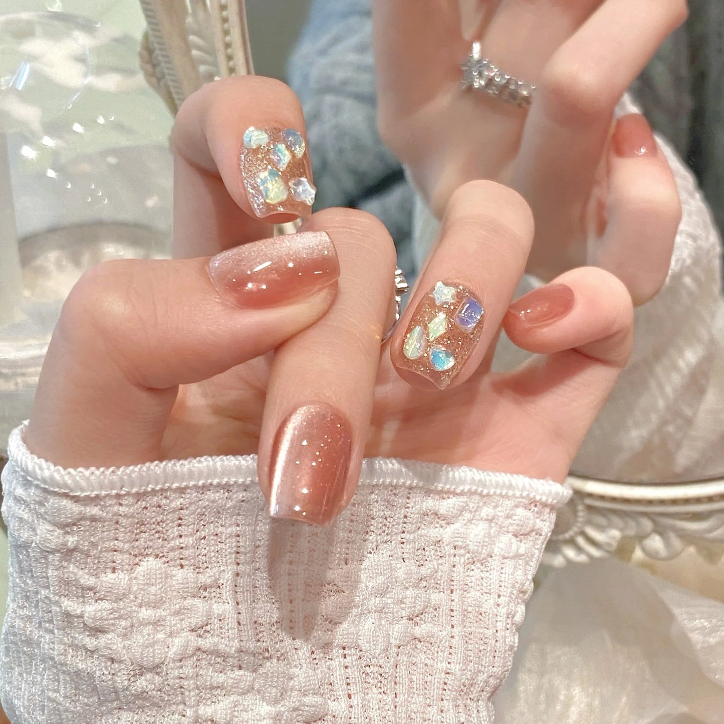 Pink Cat Eye Press On Nails – Glitter Diamond Short False Tips