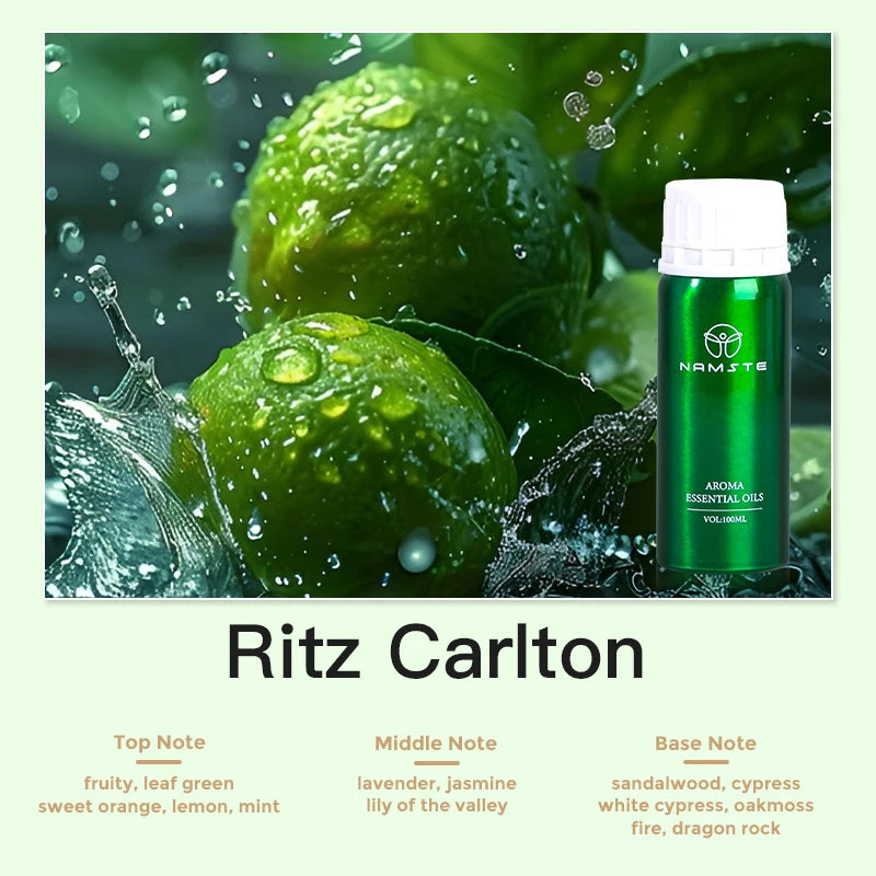 Green essential oil bottle with limes and water droplets on a Ritz Carlton branded background