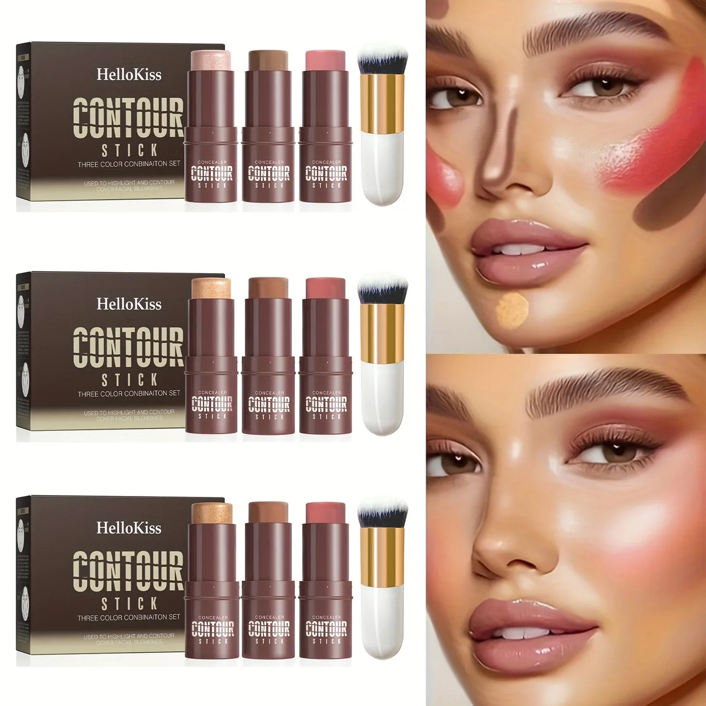 Hello Kiss 4-Piece Cream Contour Kit – Stick & Brush Set