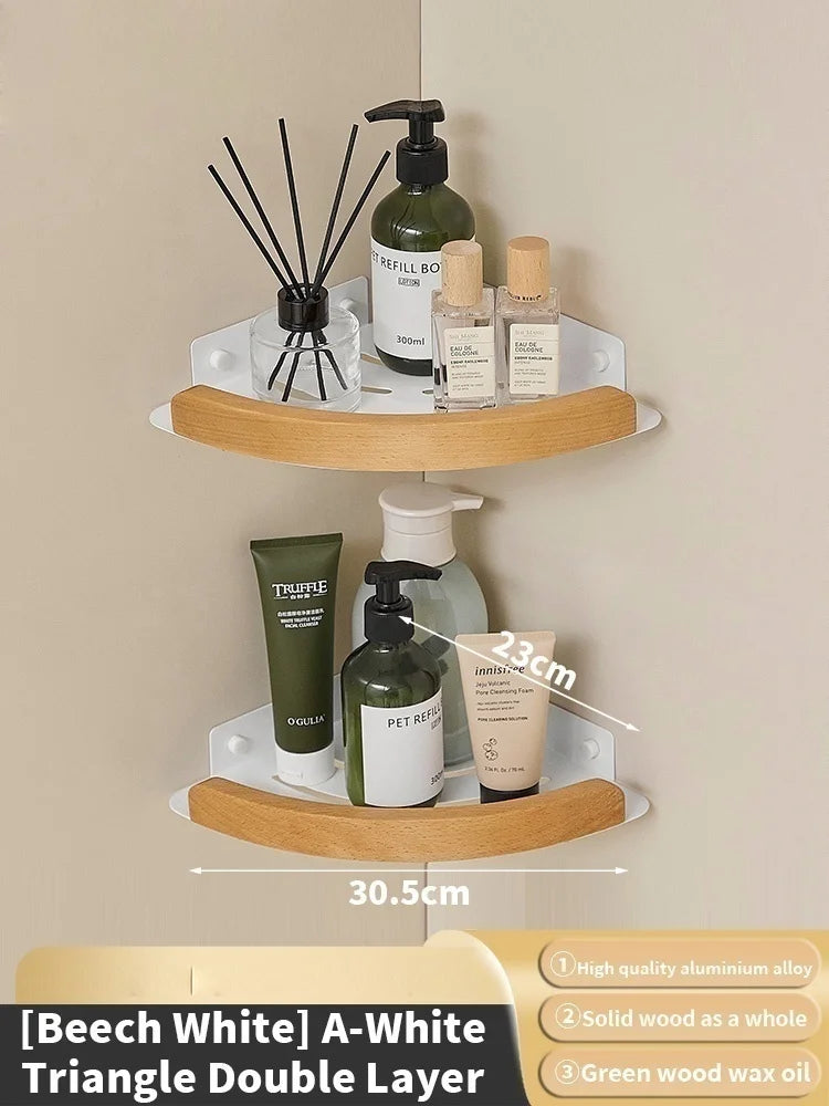 Wood Corner Wall Shelf – Bathroom Organizer Rack | Triangular