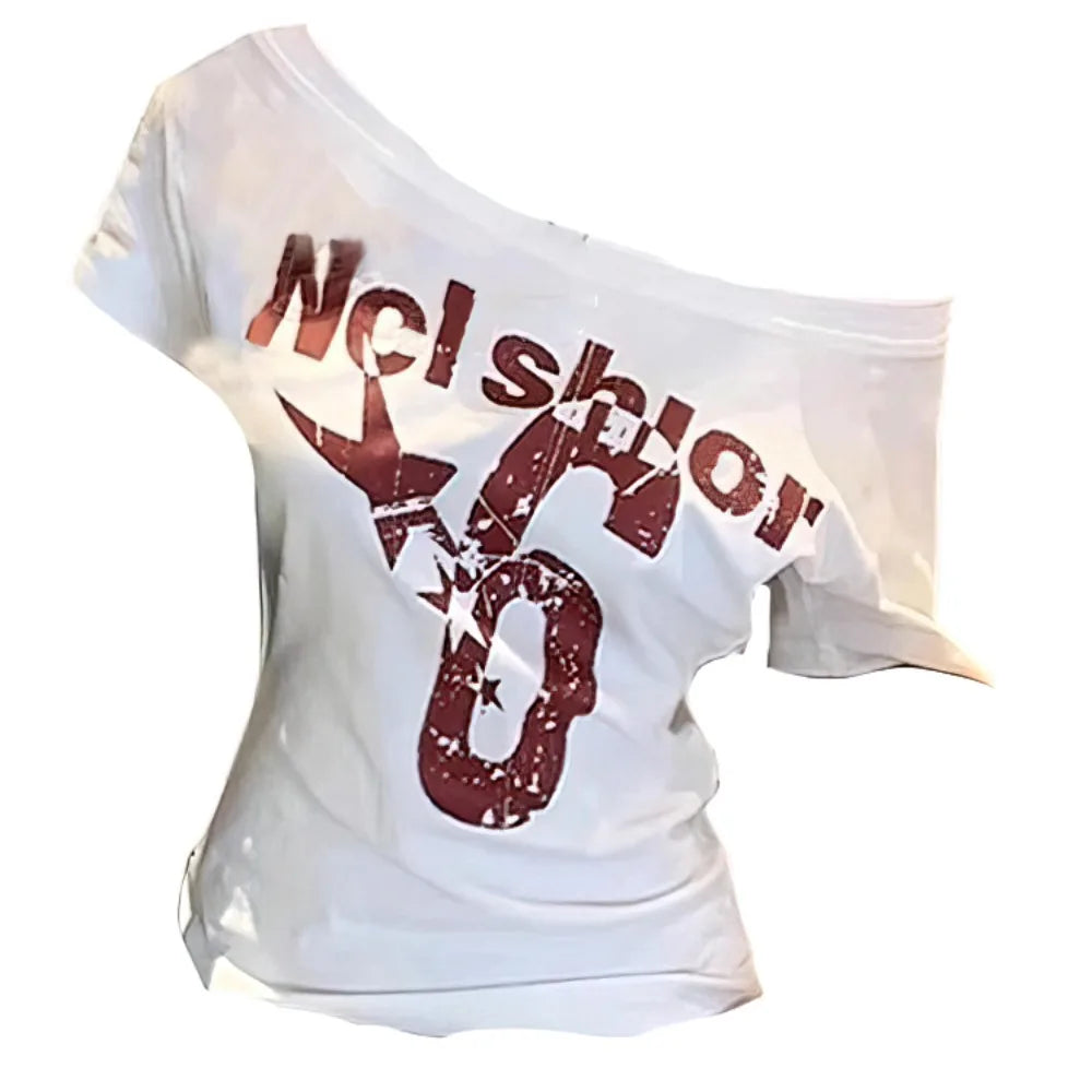 Y2K Off Shoulder Crop Top – Letter Print Skew Collar Women's Tee