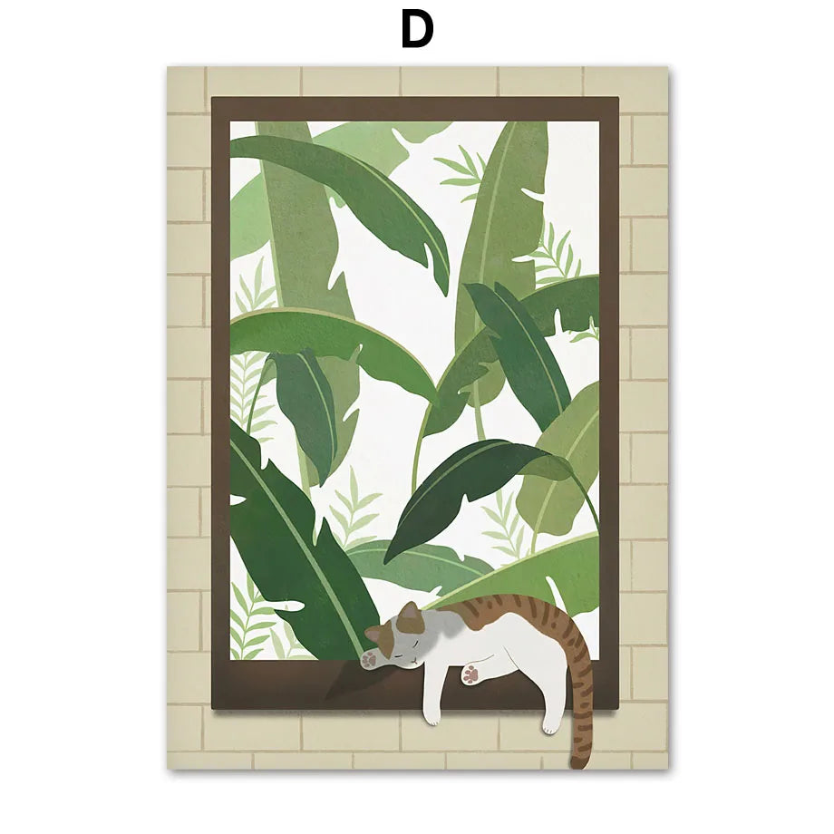 Boho Cat Canvas Wall Art | Cute Kitten Plant Neutral Print