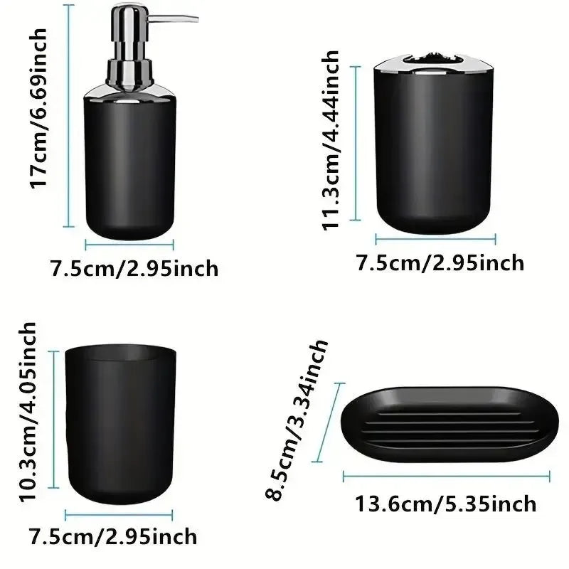 4pcs Bathroom Set, Plastic Gift Set, Toothbrush Holder, Toothbrush Cup, Soap Dispenser, Soap Dish (Gray, Black) Peaceful Pleasures Health and Wellness