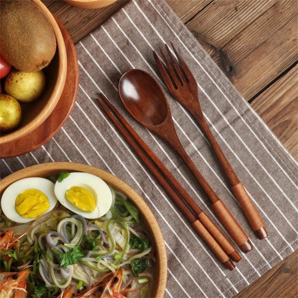 3 Piece Set Stainless Steel Cutlery Wooden Tableware Coffees and Teas Tableware Forks Spoon Korean Plates Dinner Sets Chopsticks Peaceful Pleasures Health and Wellness