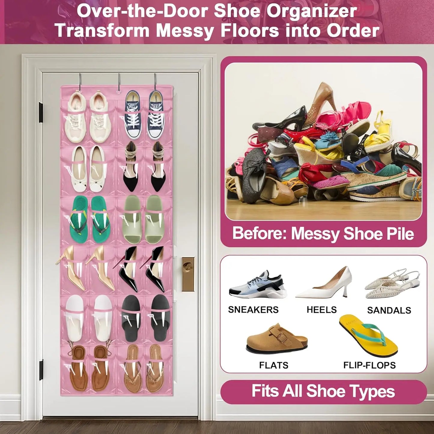 Over-the-door shoe organizer with pink background and shoe types listed.