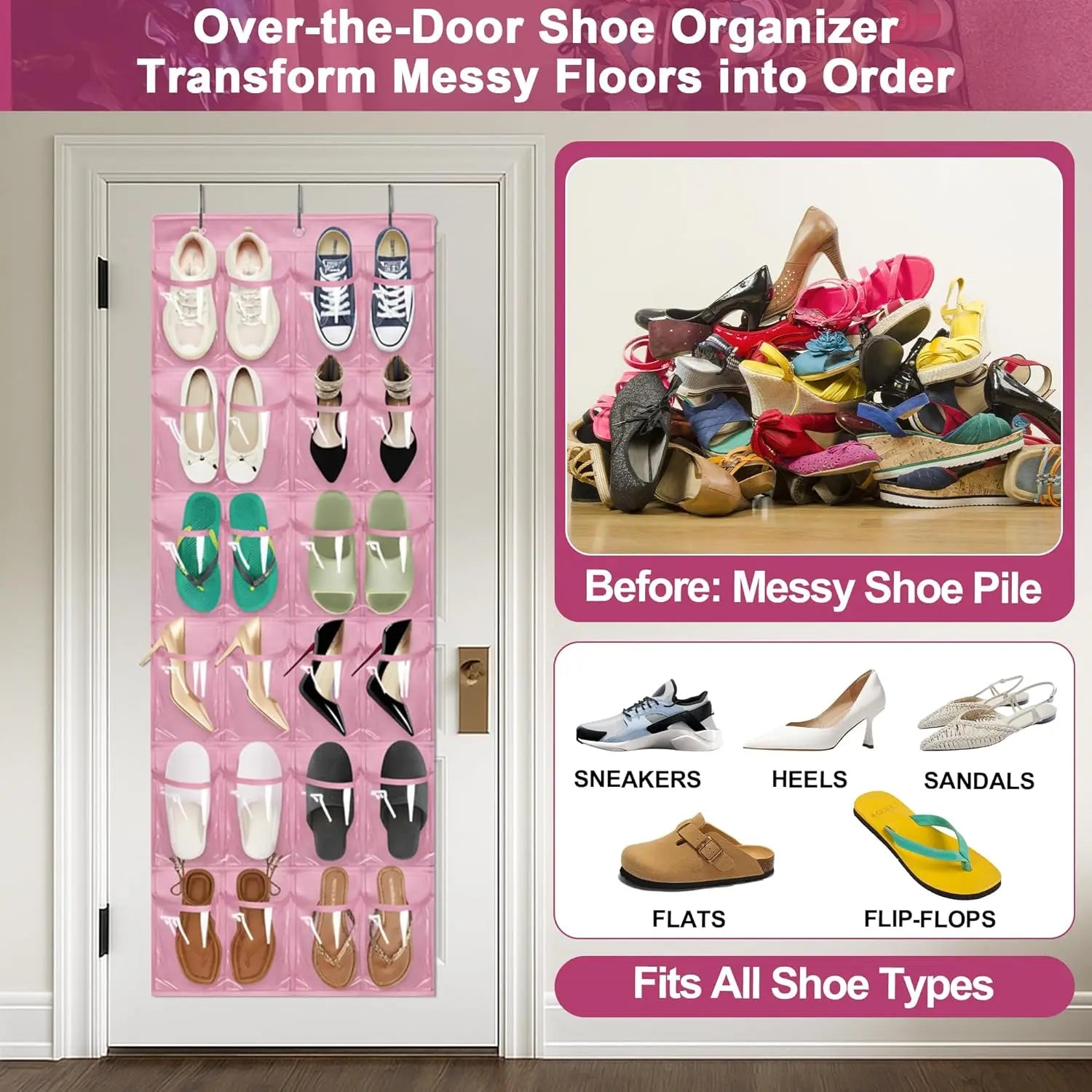 Over-the-door shoe organizer with pink background and shoe types listed.
