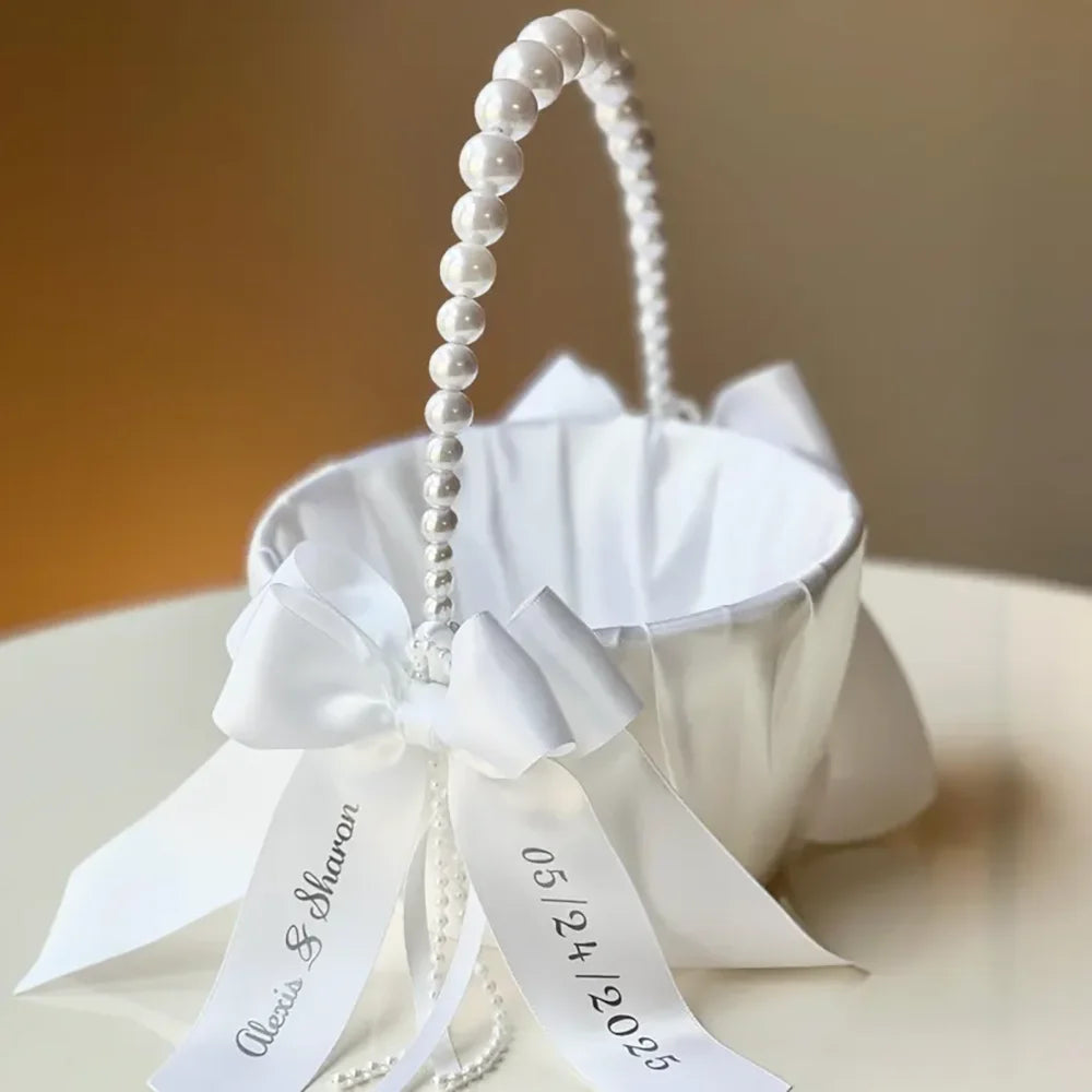 Custom Flower Girl Basket | Pearl Handle & Bow Ribbon Wedding Wedding Flower Basket Peaceful Pleasures Health and Wellness