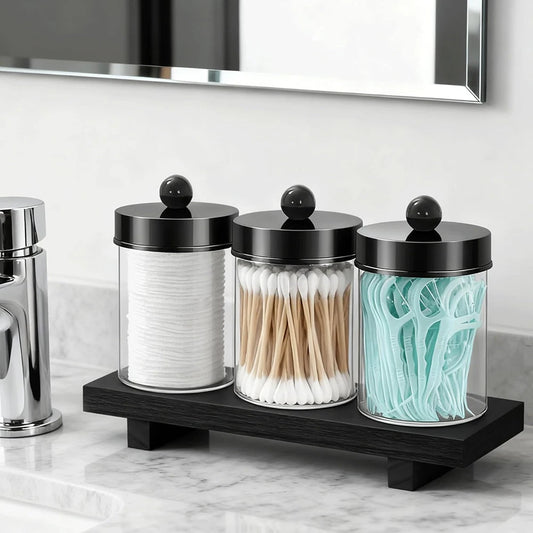 3-Pack Apothecary Jar Canister Set with Lids & Storage Tray – Q-Tip, Cotton Ball & Floss Organizer Peaceful Pleasures Health and Wellness