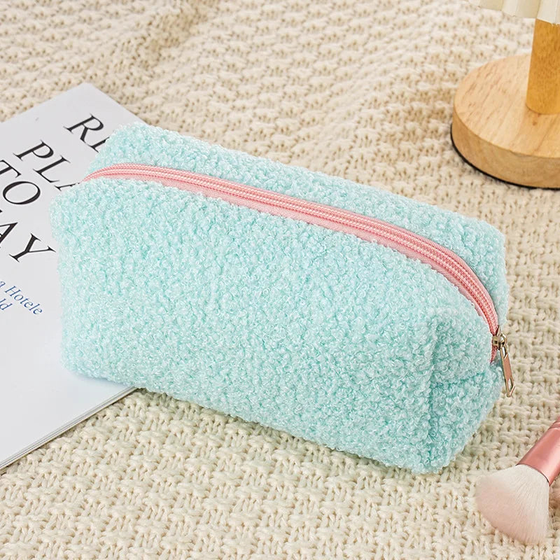 2026 Cute Zipper Plush Large Solid Color Cosmetic Bag Makeup Bag for Women Travel Make Up Toiletry Bag Washing Pouch Pen Pouch Peaceful Pleasures Health and Wellness Blue 1PC