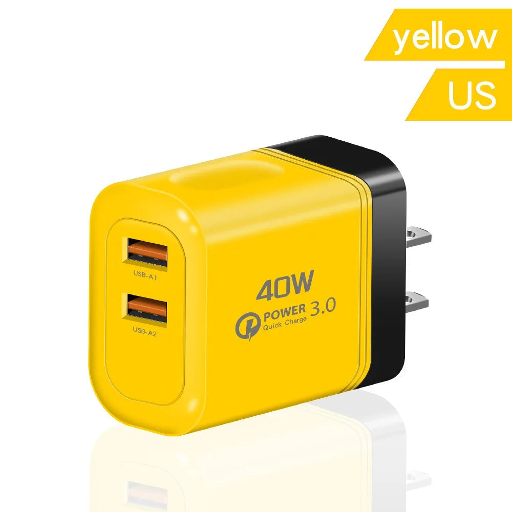 40W Dual USB Fast Charger QC 3.0 3.1A High Power Quick Charge Adapter for iPhone Samsung Xiaomi Huawei Global Universal EU/US Peaceful Pleasures Health and Wellness Yellow US