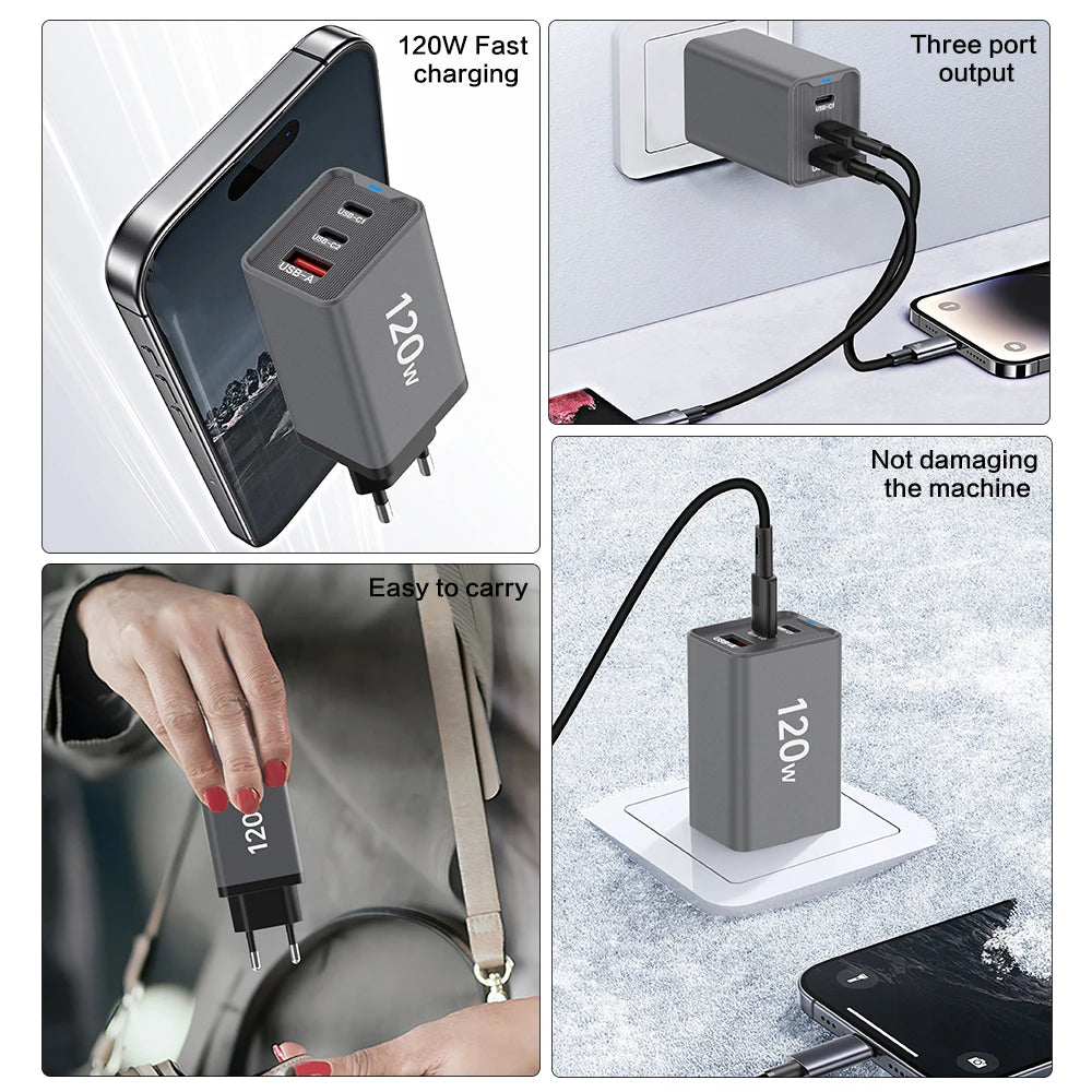 120W 3-Port USB-C Fast Charger PD3.0 QC3.0 Wall Adapter
