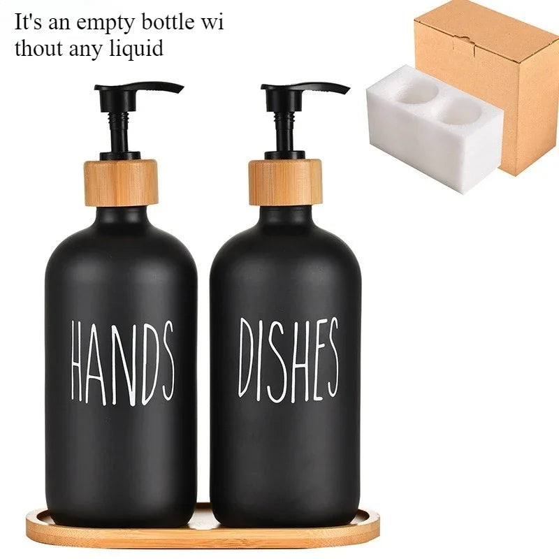 2Pcs 500ml High Quality Glass Soap Dispenser Pump Bottle Refillable Empty Hand Soap Lotion Subpackage Bottle with Wooden Cushion Peaceful Pleasures Health and Wellness Black 2pcs