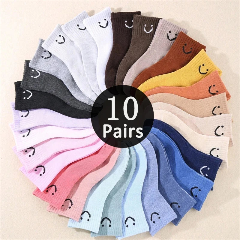 10 pairs of cute solid-color smiling face pattern children's mid-calf socks, suitable for boys and girls socks Peaceful Pleasures Health and Wellness Boy random 10 Pairs 1-3 Years