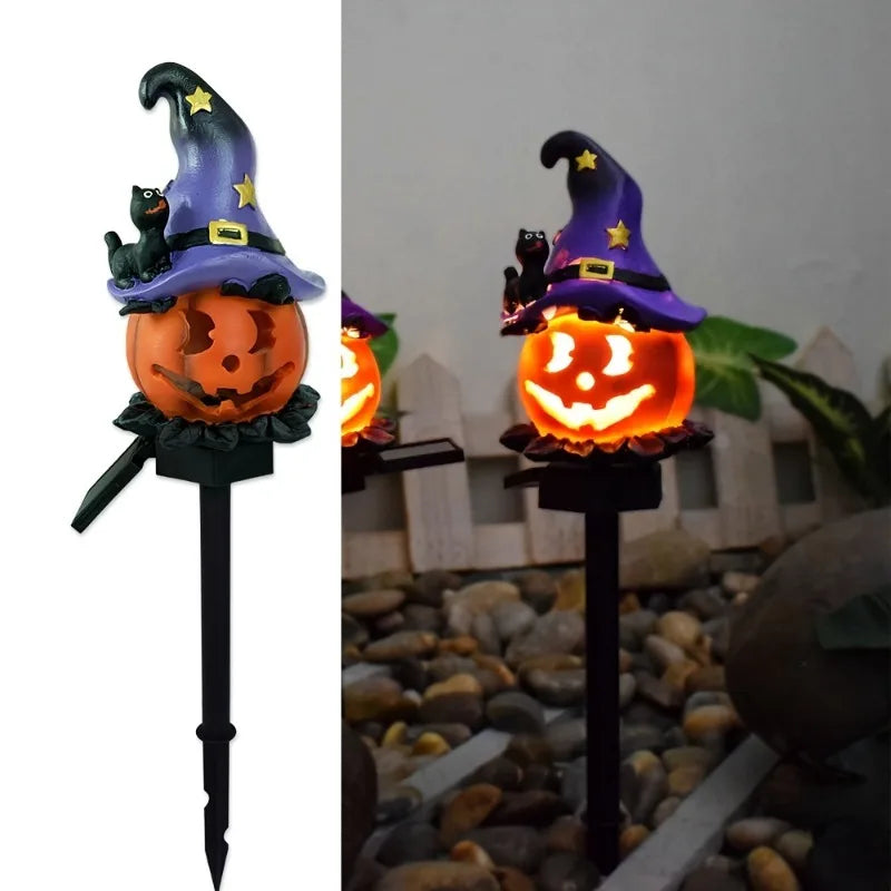 Solar Halloween Pumpkin Garden Stake Lights | Resin Yard Decor