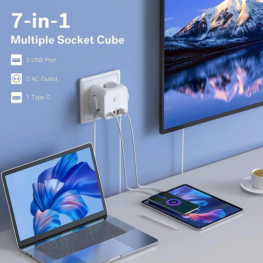EU Wall Socket Extender with 3 AC Outlets 3 USB Ports And 1 Type C 7-in-1 EU Plug Charger On/Off Switch for Home Peaceful Pleasures Health and Wellness