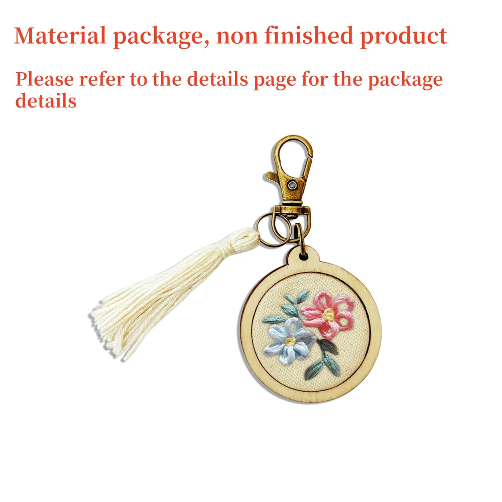 Mini Embroidery Keychain Accessory Set Embroidered Ring Frame Wooden Pendant Hand Embroidered DIY Keychain Handmade Material Kit Peaceful Pleasures Health and Wellness 8