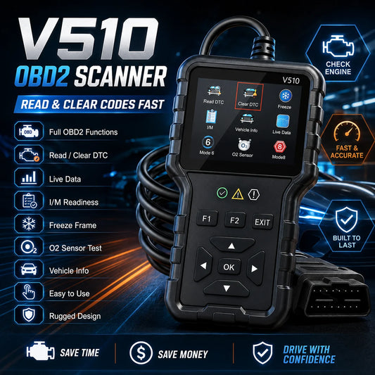 V510 Obd2 Car Diagnostic Scanner, Battery Tester, Engine Code Reader, Real-Time Data, Dtc Query, All Frozen Frames of 1996+ Obdii Vehicles Peaceful Pleasures Health and Wellness Default Title