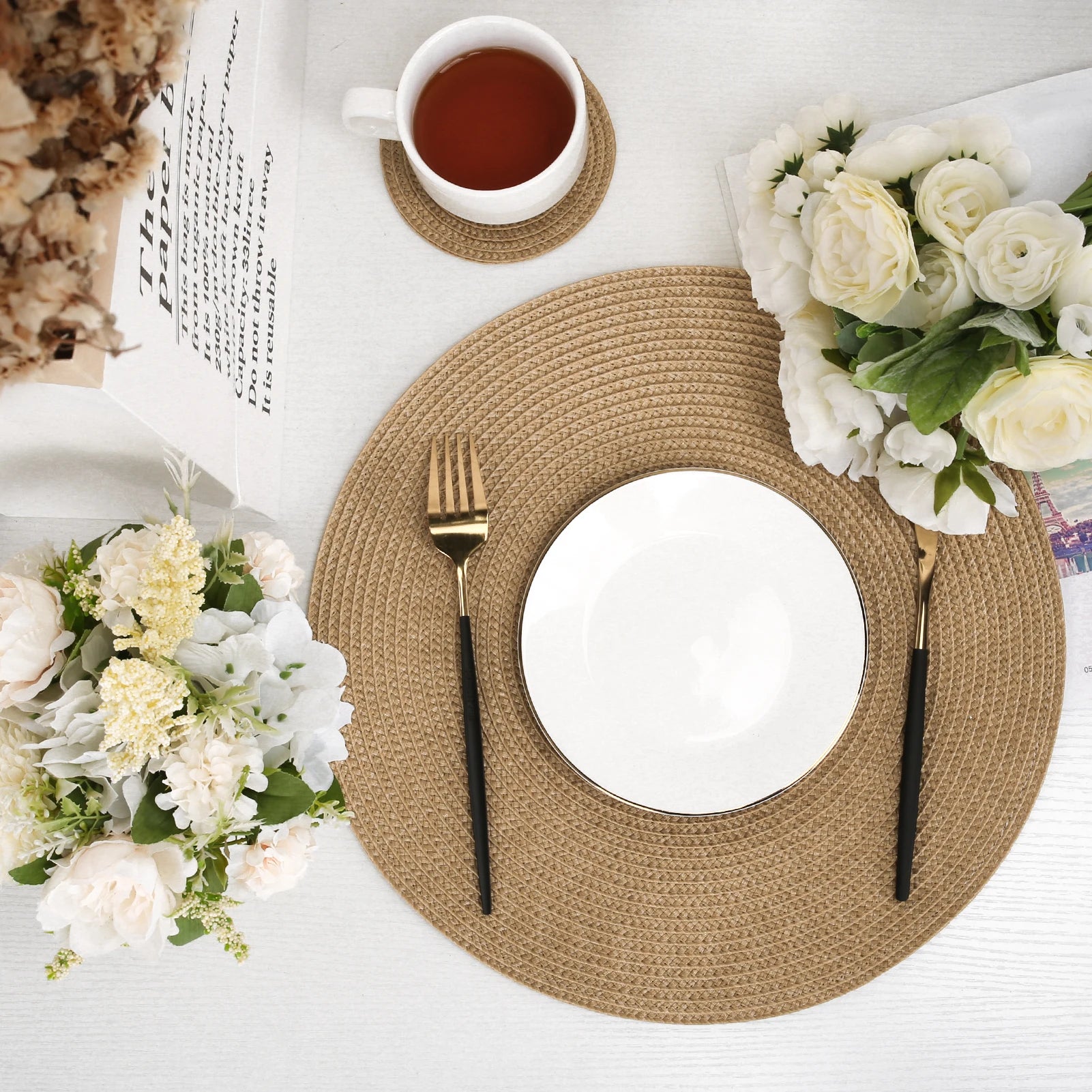 12pcs Round Braided Table Mat Washable Placemats Anti Slip Dining Tableware Bowl Pads Home Kitchen Decor Drink Cup Pad Coasters Peaceful Pleasures Health and Wellness